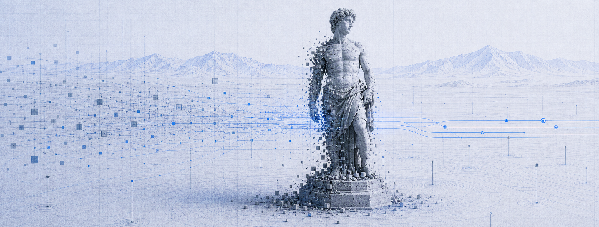 Blue graphite classical stone statue degrading into AI usage fragments across a mountain-backed technical landscape