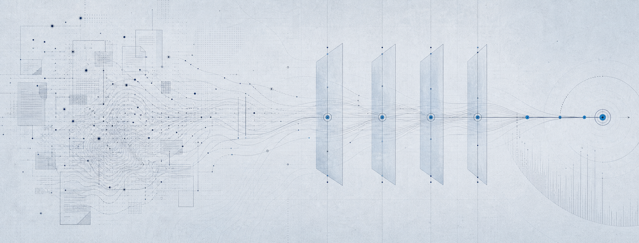 Abstract blue graphite map of revenue signals passing through governed conditions before safe action