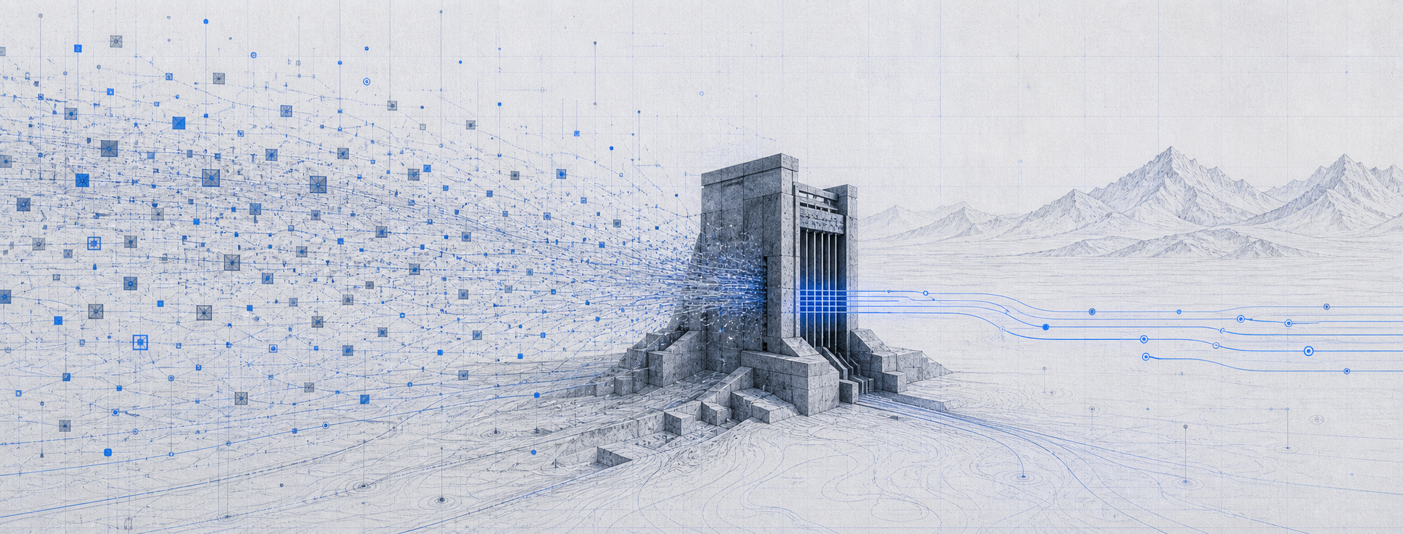 Blue graphite conversion architecture where scattered GTM signals pass through a structured gate into a smaller set of clean revenue paths