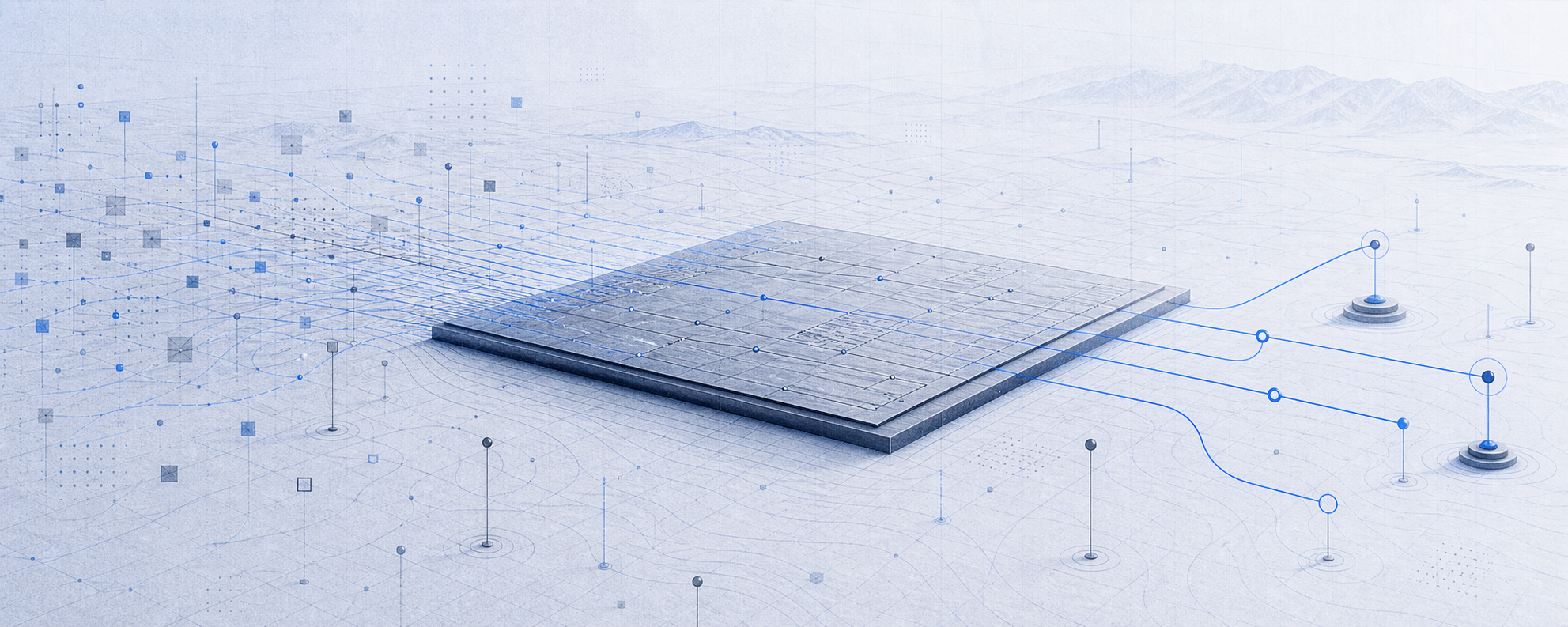 Blue graphite ledger terrain where GTM signal paths leave auditable traces across a layered record surface