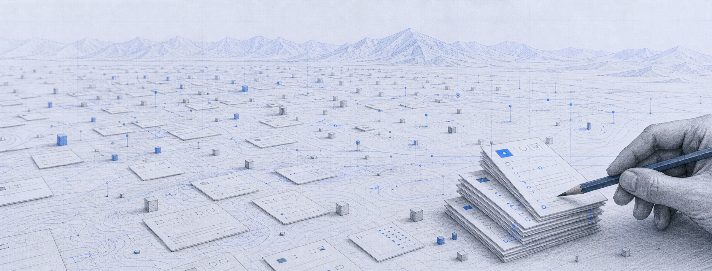 Blue graphite analyst desk where scattered GTM signal cards are sorted into a small set of accounts worth human review