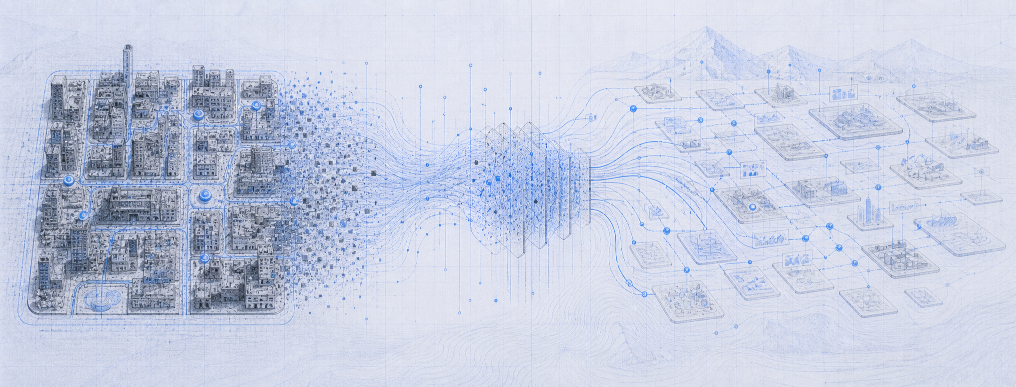 Blue graphite platform map where a contained app grid dissolves into a distributed model layer